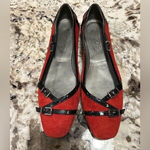 TOD’S Red Suede Black Leather Trim Flat Shoes Italy Sz 38 US 8